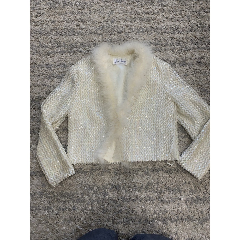 VTG‎ 60's Three Flags  White Sequinned W/ Feathers Light Coat Jacket Disco Party - Picture 8 of 11